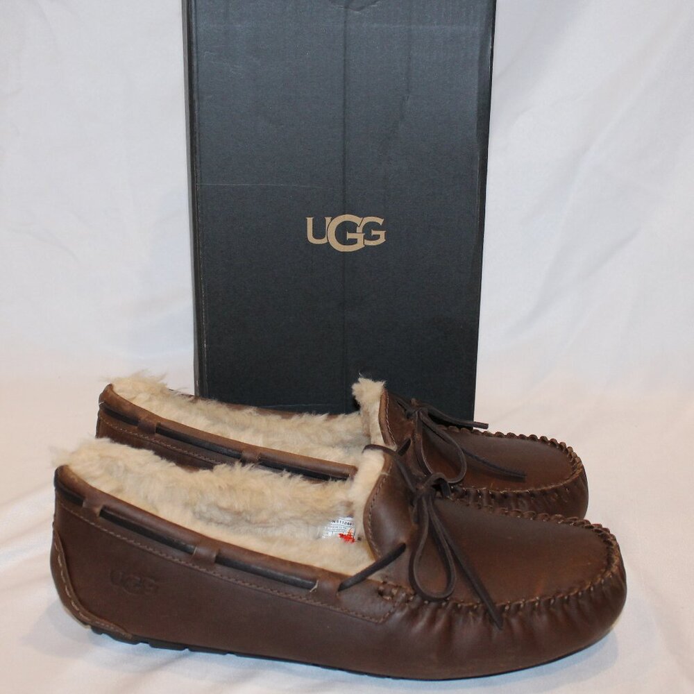 UGG OLSEN MEN'S LEATHER SHEARLING LINED TIE SLIPPERS BROWN NIB